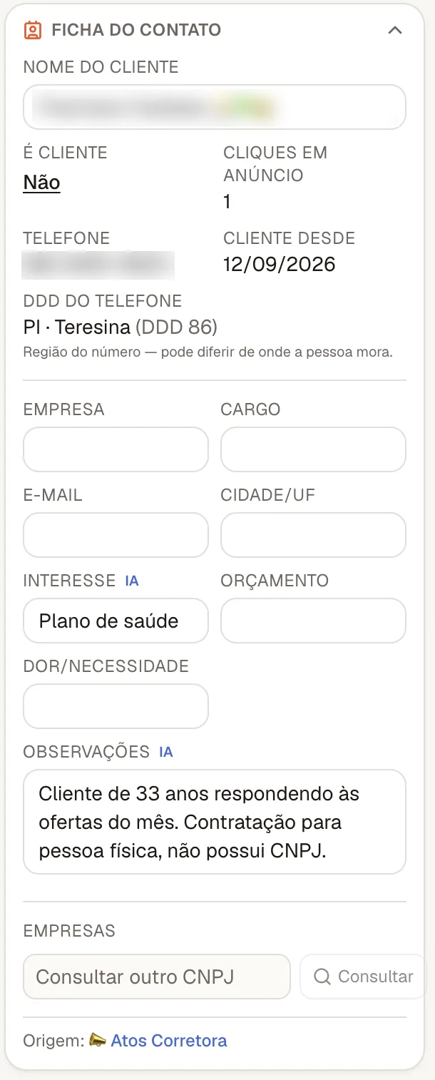 Ficha do contato preenchida pela IA: interesse, cidade, observações e origem do lead