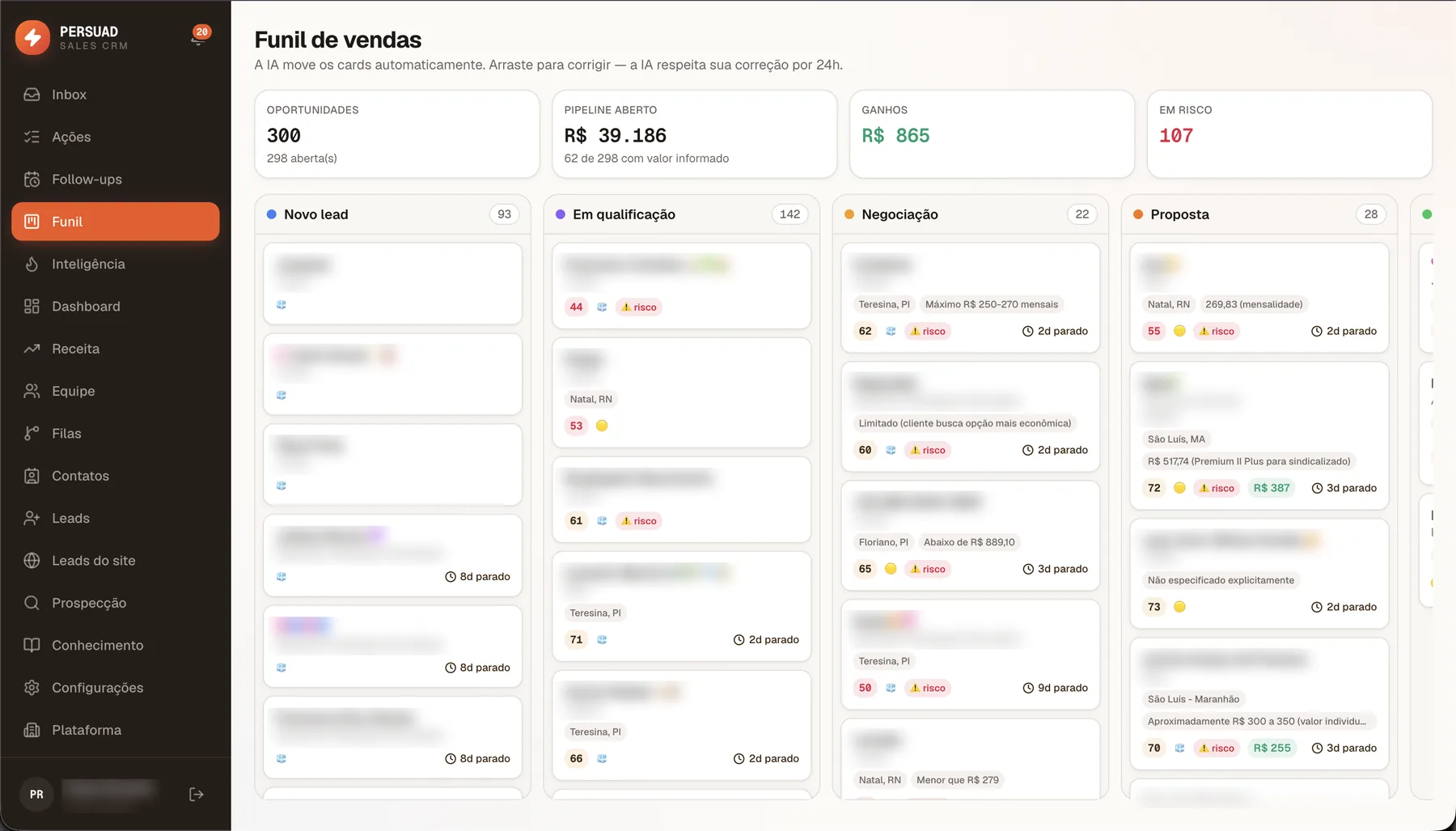 Funil de vendas do Persuad CRM: colunas Novo lead, Em qualificação, Negociação e Proposta, com nota da IA, sinal de risco e dias parado em cada card