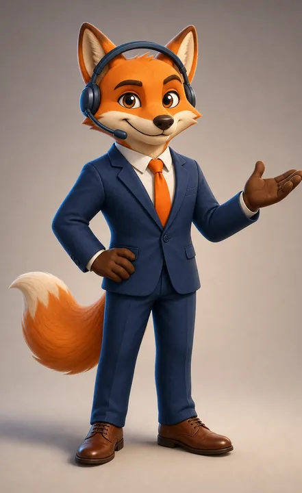 Mascote do Persuad: uma raposa de terno azul e gravata laranja, com headset